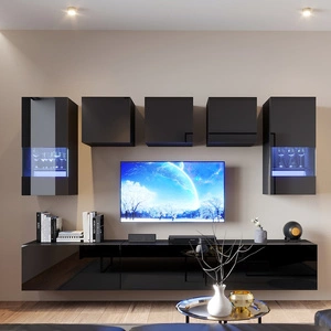 Meblościanka Kateri czarna / czarny połysk uniwersalna meblościanka do salonu o lekkiej stylistyce idealnie wkomponuje się w każde wnętrze