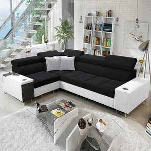 Narożnik z funkcją spania Dafni II czarno biały lewostronny pleciony narożnik z pojemnikiem na pościel szuflada z pełnym wysuwem