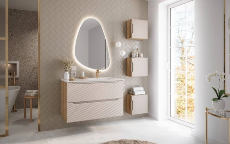 Szafka łazienkowa wisząca Ocean 35 cm dąb olejowany / beżowy szafka do łazienki stylowe wykończenie poziome ryflowanie w kształcie fal