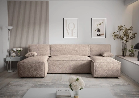 Narożnik z funkcją spania Brandon U beżowy pojemnik na pościel miękka tkanina o charakterystycznej pętelkowej powierzchni