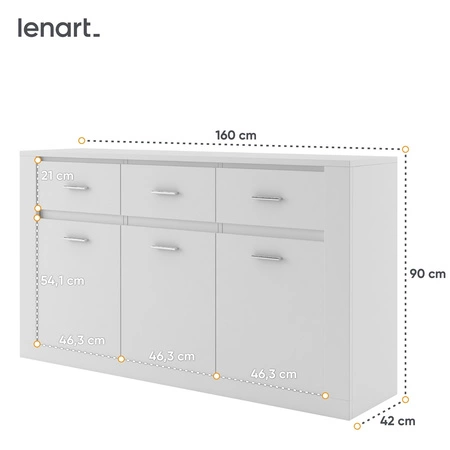 Komoda z szufladami Arti 160 cm biała elegancki i uniwersalny styl komody do sypialni lub salonu gustowne srebrne uchwyty