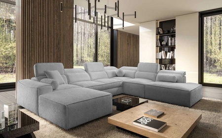 Narożnik z funkcją spania Viano X jasny szary lewostronny designerski narożnik do salonu w nowoczesnym stylu regulowane zagłówki