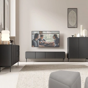 Zestaw mebli Muti czarny designerska meblościanka do salonu efektowne ryflowania na frontach i korpusach mebli system push to open