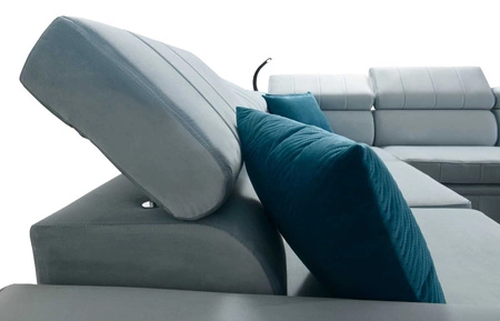 Narożnik z funkcją spania Rava IV błękitny prawostronny velvet komfort podczas codziennego wypoczynku pojemnik na pościel