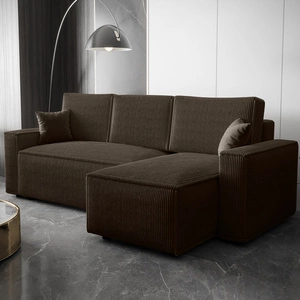 Narożnik z funkcją spania Nelo brązowy prawostronny praktyczny i nowoczesny narożnik pokryty sztruksową tkaniną pojemnik na pościel