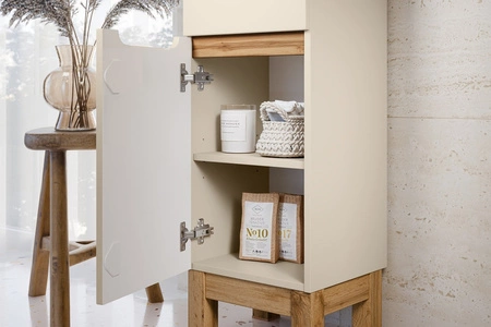 Słupek łazienkowy Bali 35 cm beżowy / dąb wotan wysoka szafka do łazienki z szufladą osadzona na stabilnych nogach