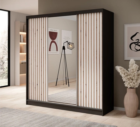 Szafa przesuwna z lustrem Ida 200 cm czarny / biały stylowe lamele zdobiące drzwi szafy wnętrze wyposażone w pojemne szuflady