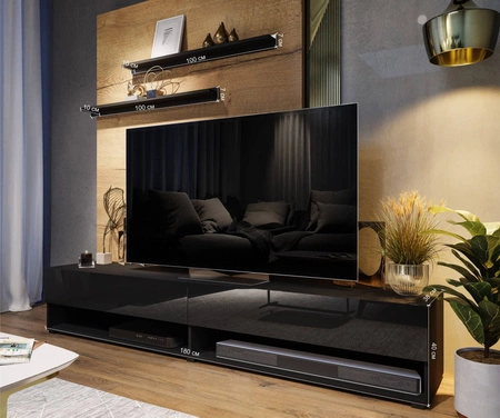 Szafka RTV Nea 180 cm biała / biały połysk z możliwością powieszenia i półkami stylowy design wpisujący się w każde wnętrze