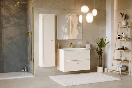 Słupek łazienkowy wiszący Donna Sand 35 cm beżowy elegancki design szafki z dekoracyjnym obłym frezowaniem na froncie złoty uchwyt