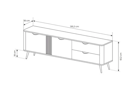 Szafka RTV Veris 195 cm dąb dunin / czarny stylowa szafka pod telewizor w modnym stylu zaoblone krawędzie czarne metalowe dodatki