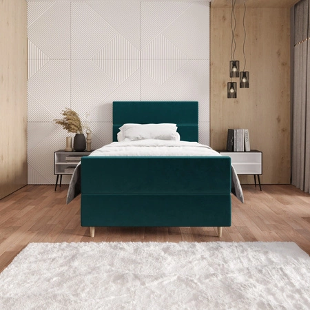 Łóżko kontynentalne Benet 100x200 turkusowe w nowoczesnym skandynawskim stylu z tapicerowanym zagłówkiem oraz zanóżkiem łóżko z pojemnikiem