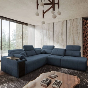 Narożnik z funkcją spania Tesalia IX niebieski prawostronny nowoczesny design komfortowe przesuwane oparcie szuflada w boczku mebla