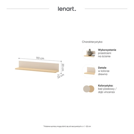 Półka Story 110 cm beżowy / dąb vincenza bielona praktyczna półka ścienna idealna do pokoju dziecięcego w minimalistycznym tonie