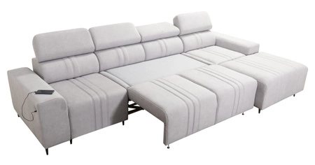 Narożnik z funkcją spania Castel XII brązowy prawostronny stylowy i wygodny narożnik do salonu funkcjonalne regulowane zagłówki