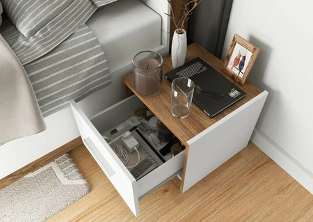 Zestaw mebli do sypialni Dentro biały / dąb stirling stylowy design komplet mebli do sypialni z szafą zagłówek łóżka z oświetleniem