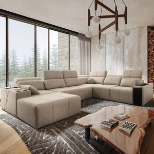Narożnik z funkcją spania Tesalia VIII beżowy lewostronny komfortowy narożnik do salonu z innowacyjną funkcją przesuwanego oparcia