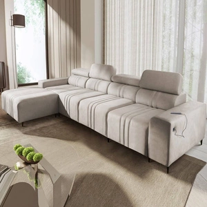 Narożnik z funkcją spania Castel XII beżowy lewostronny stylowy i wygodny narożnik do salonu funkcjonalne regulowane zagłówki