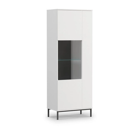 Zestaw mebli Tutti biały prosta forma meblościanki bryły wsparte na metalowej czarnej podstawie bezuchwytowy system push to open