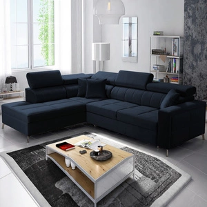 Narożnik z funkcją spania Nausa III granatowy lewostronny velvet stylowy komfortowy narożnik regulowane zagłówki pojemnik na pościel