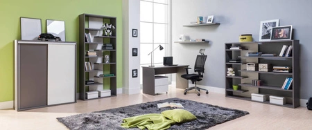 Regał Yugo z drzwiami przesuwnymi w kolorze popiel / biały połysk nowoczesny oraz funkcjonalny mebel do salonu pokoju młodzieżowego lub biura