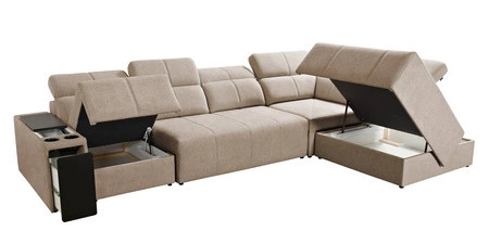 Narożnik z funkcją spania Tesalia XI brązowy prawostronny nowoczesny narożnik z komfortowym przesuwanym oparciem i pojemną szufladą