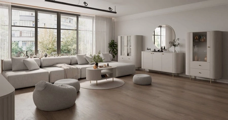 Szafka RTV Ovalio 123 cm beżowa stylowa szafka pod telewizor unikalny owalny kształt ozdobne frezowania metalowa podstawa