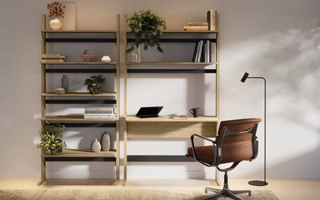 Regał Ollie 108 cm dąb olejowany / czarny designerski regał z funkcją biurka zapewnia praktyczne miejsce do pracy i przechowywania