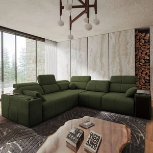 Narożnik z funkcją spania Tesalia III zielony prawostronny komfortowy narożnik z przesuwanym oparciem dwa pojemniki na pościel