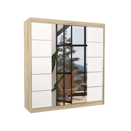 Szafa przesuwna z lustrem Dalmatia 200 cm dąb sonoma jasny / biały solidne wykonanie stylowe wykończenie szafy do przedpokoju