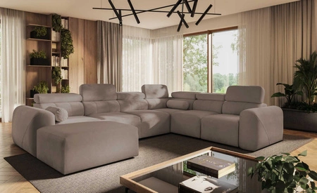 Narożnik z funkcją spania Cantare VIII ciemny beż lewostronny gustowny narożnik z regulowanymi zagłówkami pojemniki na pościel