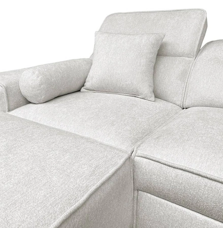 Narożnik z funkcją spania Viano kremowy lewostronny stylowy narożnik o ciekawym kształcie regulowane zagłówki ozdobne poduszki