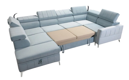 Narożnik z funkcją spania Rava V lazurowy lewostronny komfortowy narożnik z pojemnikami na pościel oraz wielofunkcyjną lampką