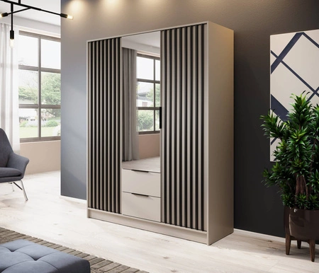 Szafa z lustrem Aspen 155 cm beżowa / czarne lamele nowoczesny design mebla drzwi szafy ozdobione lamelami