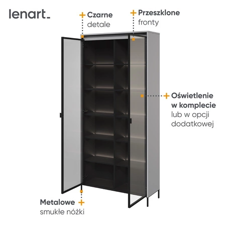 Witryna Trend 92 cm szara designerska i efektowa witryna szklana z klimatycznym oświetleniem w postaci paska led pod górnym blatem