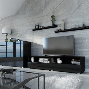 Meblościanka Pitagorio czarna / czarny połysk nowoczesny design system otwierania drzwi i szuflad push to open zestaw mebli z komodą