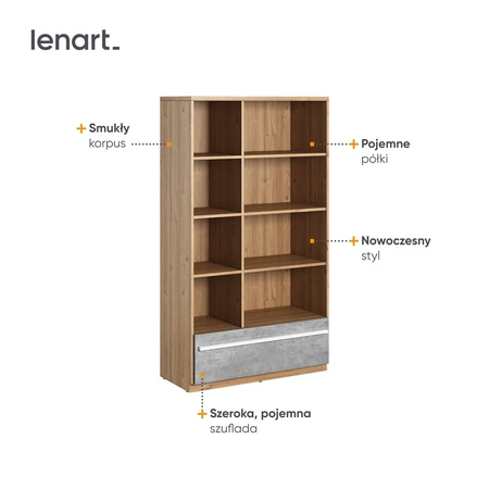 Regał Plano 90 cm dąb nash / beton designerski regał młodzieżowy w stylu nowoczesnym pojemna szuflada modna kolorystyka