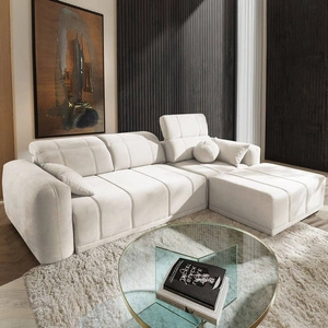 Narożnik z funkcją spania Cetara kremowy prawostronny stylowy design komfortowe przesuwane oparcia regulowane zagłówki