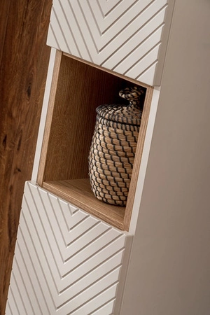 Zestaw mebli łazienkowych Viva beżowy / dąb coast evoke stylowe szafki z ciekawym frezowaniem w kształcie jodełki modna kolorystyka