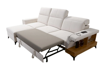 Narożnik z funkcją spania Bresso szary popiel / biały lewostronny narożnik z praktyczną półką w kolorze dąb lancelot regulowane zagłówki