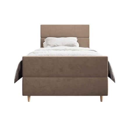 Łóżko kontynentalne Benet 120x200 jasny brąz w nowoczesnym skandynawskim stylu z tapicerowanym zagłówkiem oraz zanóżkiem łóżko z pojemnikiem