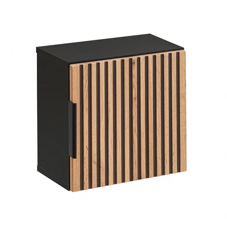 Zestaw mebli łazienkowych Xilo czarny / dąb wotan stylowe szafki do łazienki z eleganckim pionowym ryflowaniem uchwyty krawędziowe