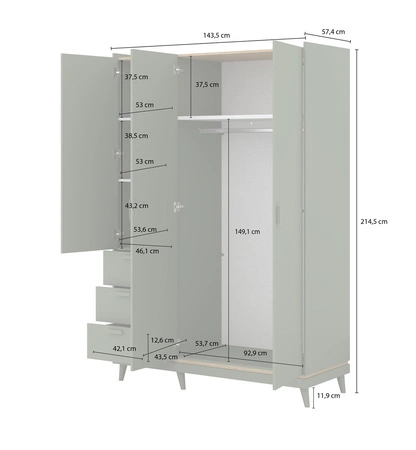 Szafa Scandia 144 cm zielona / dąb olejowany funkcjonalna szafa do sypialni lub pokoju nastolatka osadzona na wysokich nogach pojemne szuflady