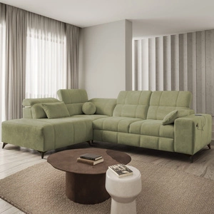 Narożnik z funkcją spania Penejos VII oliwkowy lewostronny stylowy narożnik z pojemnikiem na pościel wygodne regulowane zagłówki