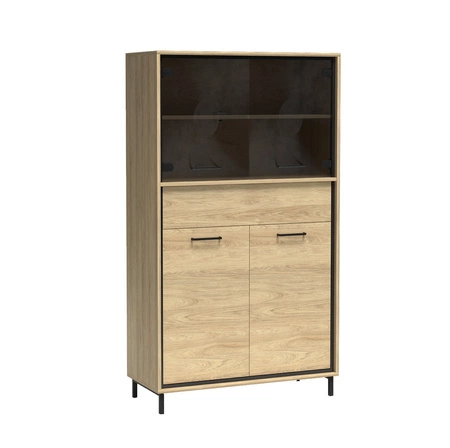 Witryna niska Mediolan Plus 92 cm hikora gustowna witryna na metalowych nogach szuflada z systemem push to open bezpieczne szkło hartowane