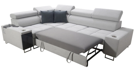 Narożnik z funkcją spania Dafni II jasny beż / biały lewostronny velvet narożnik z pojemnikiem na pościel szuflada z pełnym wysuwem