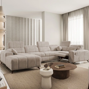 Narożnik z funkcją spania Penejos IV Lux ciemny beżowy lewostronny stylowy narożnik rozkładany z komfortowym wysuwanym podnóżkiem