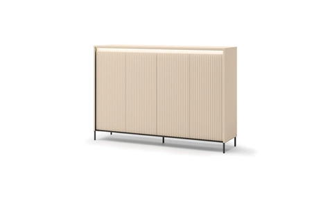 Komoda Trend 152 cm beżowa elegancka komoda z ciekawym ryflowaniem na frontach bryła wsparta na metalowych smukłych nogach