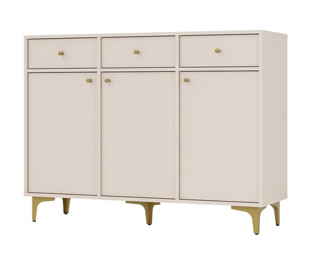 Komoda z szufladami Kioto I 125 cm beżowa minimalistyczna forma idealna komoda do salonu lub sypialni złote dodatki
