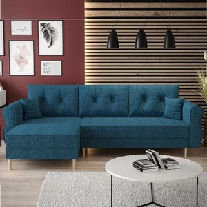 Narożnik z funkcją spania Wilkins niebieski lewostronny stylowy i nowoczesny design wpisujący się w każdą aranżację