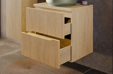 Szafka pod umywalkę Nordic Cremona 60 cm dąb cremona nowoczesna forma szafki do łazienki fronty ozdobione delikatnymi ryflowaniami